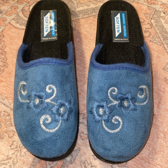 Soffice Womens Wedge Heel Slipper Slide On Closes Toe House Shoe Blue Floral 37 - Picture 2 of 7